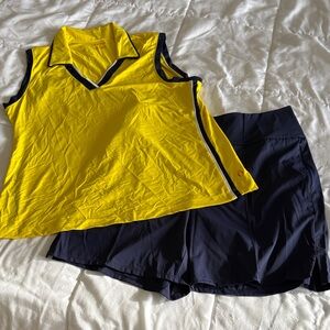 Yellow and Navy Sleeveless Top and Shorts golf set. XL top, L shirt. Kinona.